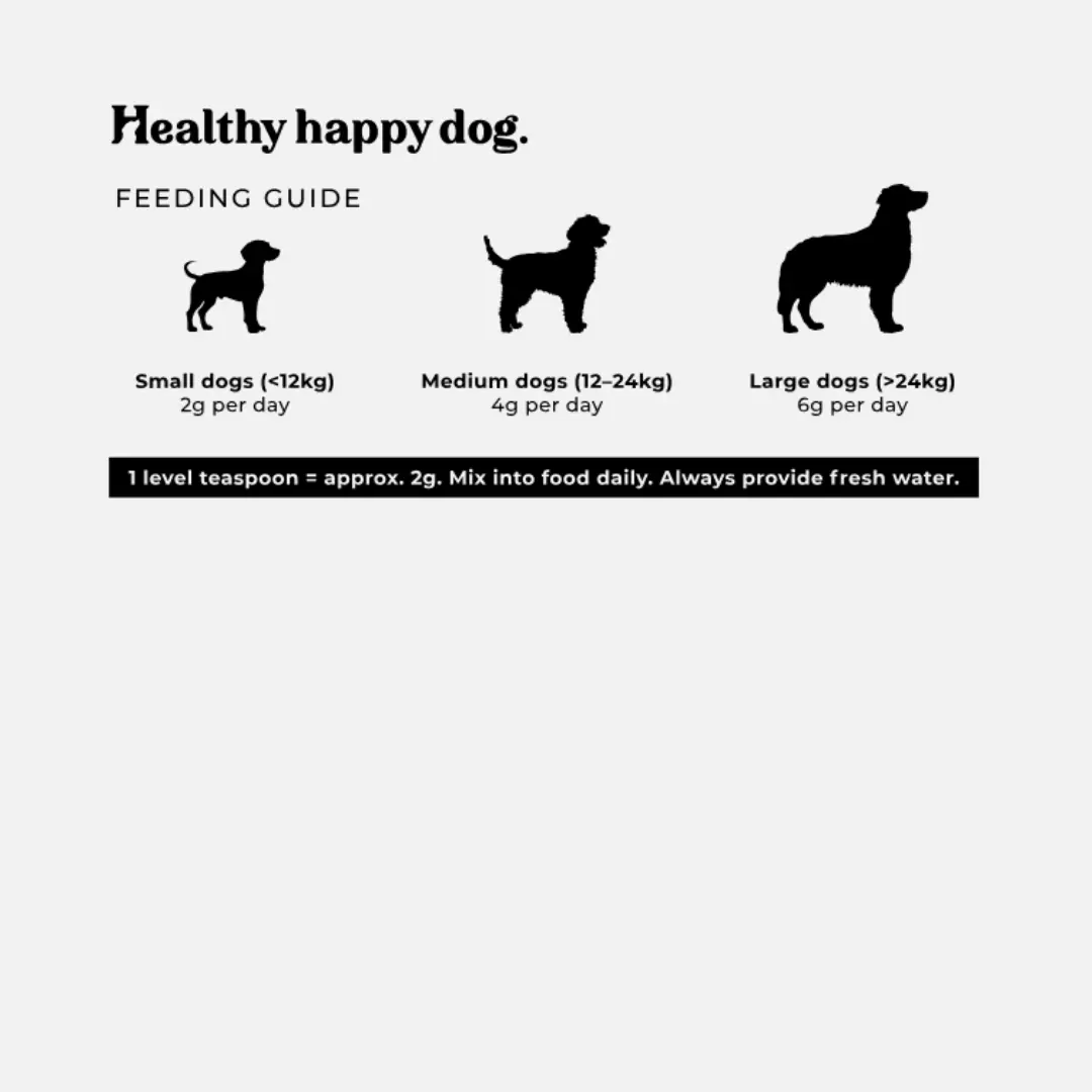 Dog feeding guide with black silhouettes of dogs and text on a white background