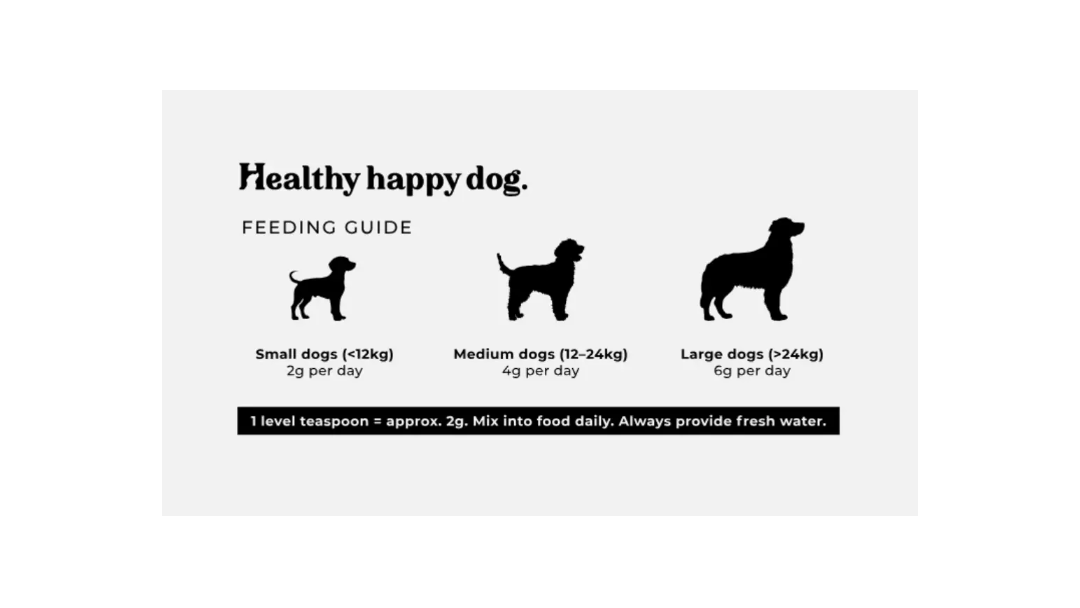 Dog feeding guide with black silhouettes of dogs and text on a white background