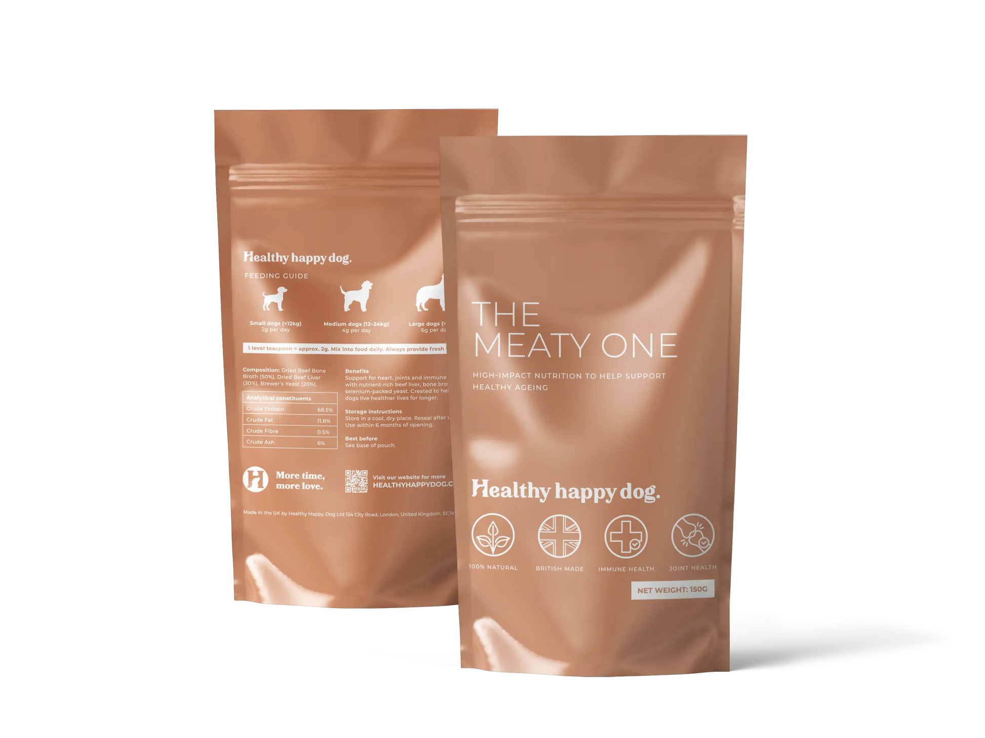 Two brown pet food packages labeled 'The Meaty One' on a white background