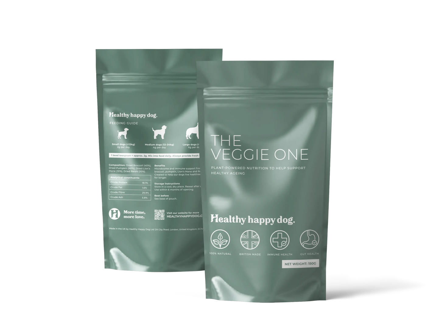 Two green pet food packages labeled 'The Veggie One' and 'Healthy happy dog' on a white background.